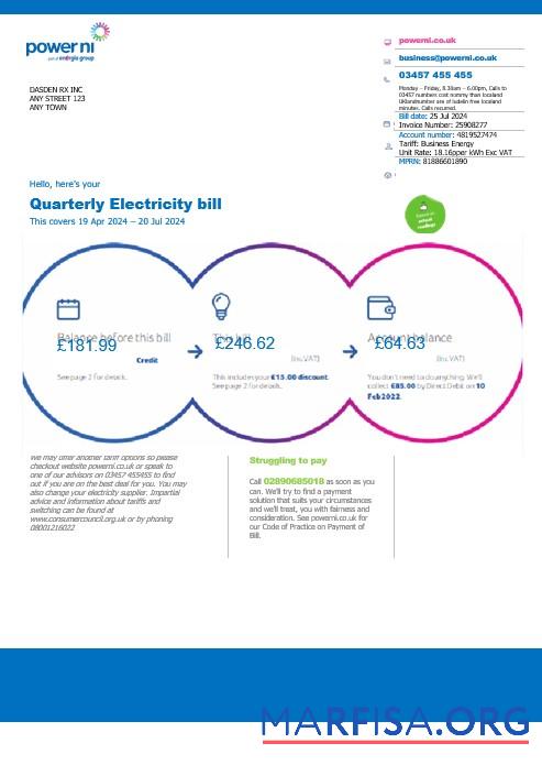 Realistic United Kingdom Power Ni business utility bill Word and PDF template
